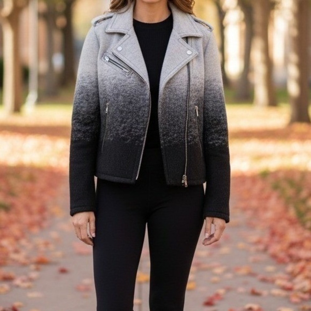 Gap Grey Black Ombre Moto Jacket - Medium - Wool Blend Biker Edgy Streetwear